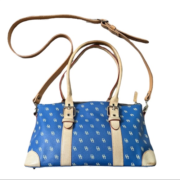 Gorgeous Y2K Dooney & Bourke Signature Blue/Tan Domed Satchel/Crossbody - Picture 1 of 11